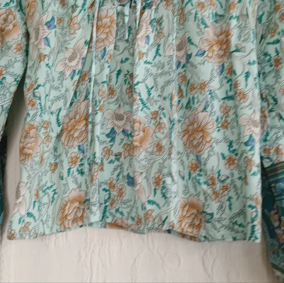 To My Lovers Teal Boho Western Blouse Turquoise Paisley Flowy Hippie Lace Up SM - Picture 4 of 8